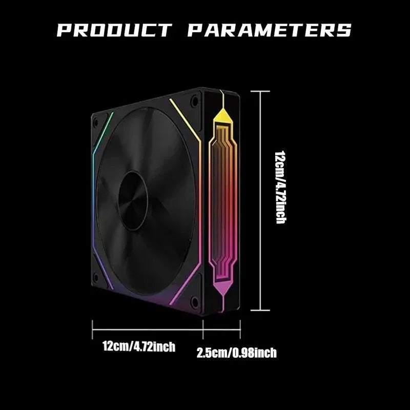 ARGB computer case fan with black housing and prism LED light strip dimensions