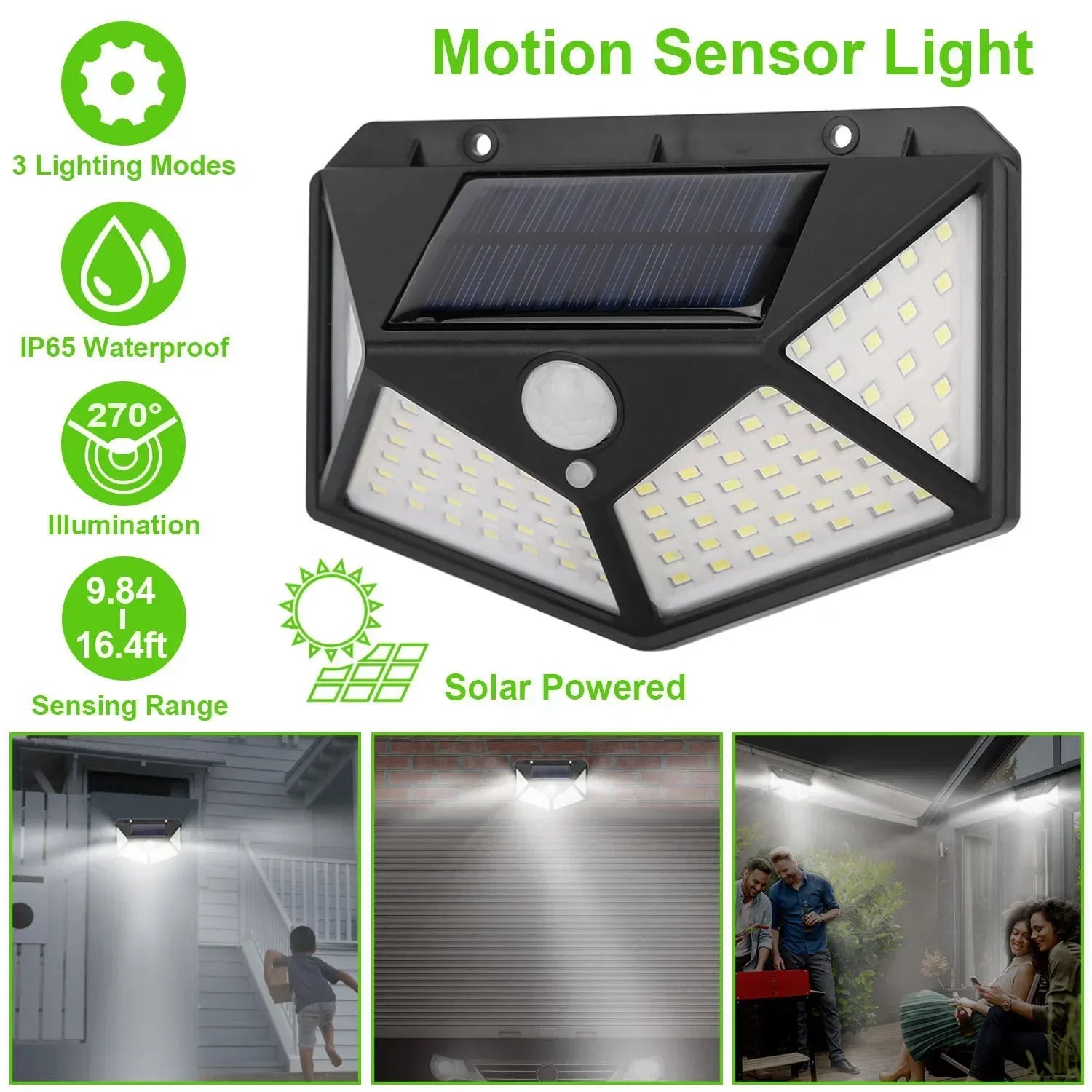 Solar motion sensor light with black housing, round PIR sensor, and three LED panels