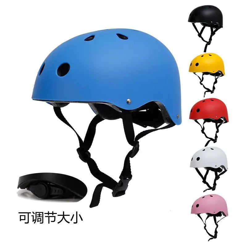 Children’s bike helmet, blue shell with adjustable straps; shown with color options.