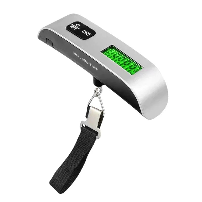 Silver luggage scale with green LCD screen and hanging hook