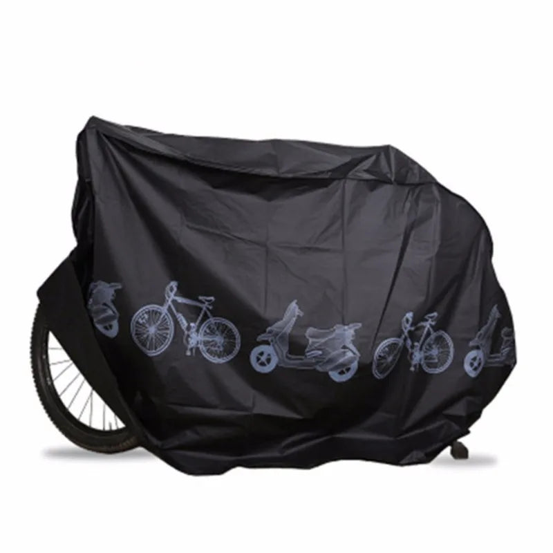 Black waterproof bicycle cover with printed bicycle icons and adjustable bottom cord