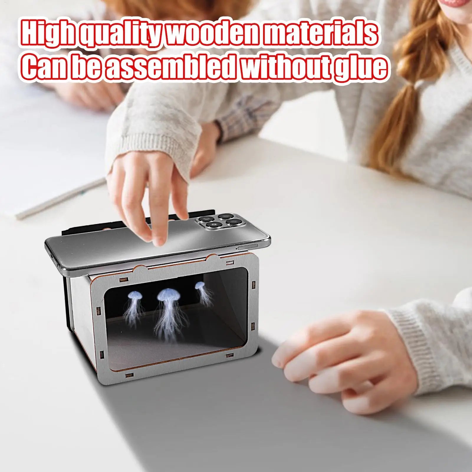 DIY 3D hologram projector with front window showing glowing hologram effect