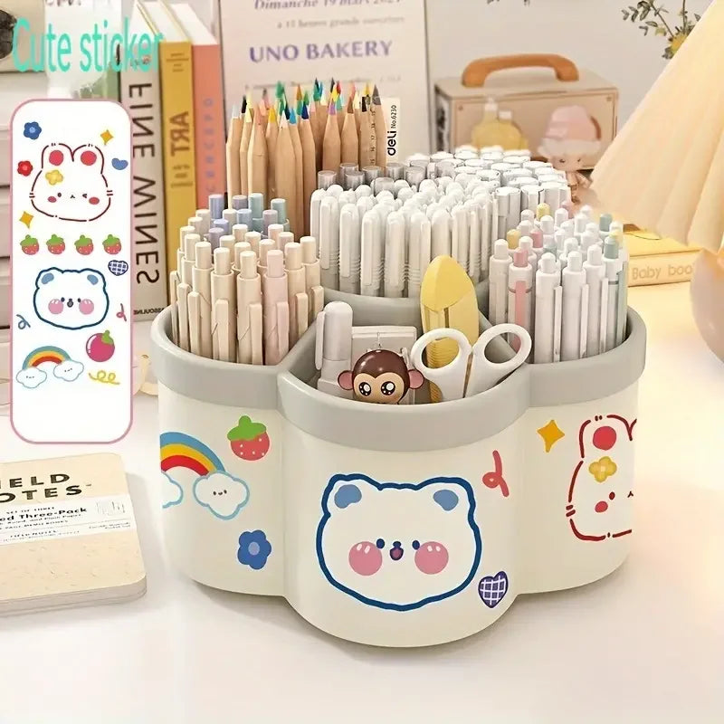 Cream pen holder organizer with bear face print, holds pencils, markers, and tools