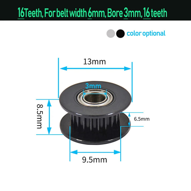 GT2 timing pulley, black, 16 teeth, 3mm bore, belt width 6.5mm