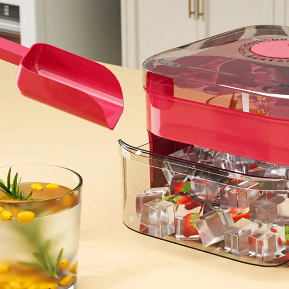 Red ice cube maker with transparent bin and cube tray lid