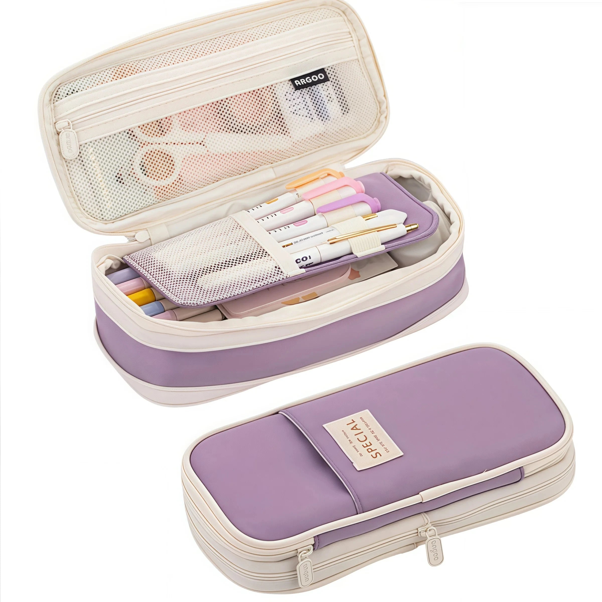 Large capacity pencil case pouch, beige with purple interior and zipper closure