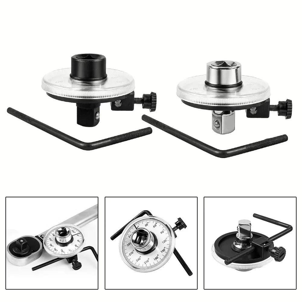 Torque meter dial wrench set with silver housing, black handle, and engraved scale