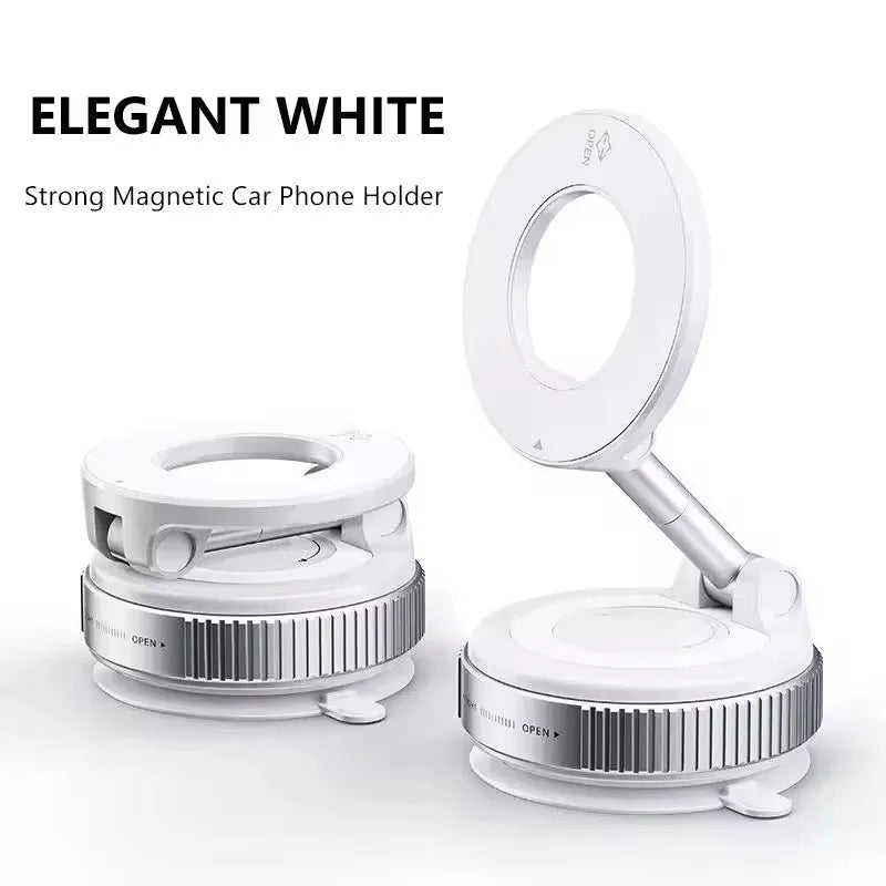 White magnetic phone holder with vacuum suction cup, foldable mount, and ribbed base