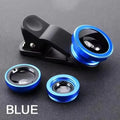 Blue 3-in-1 phone camera lens set with clip and three round lens attachments