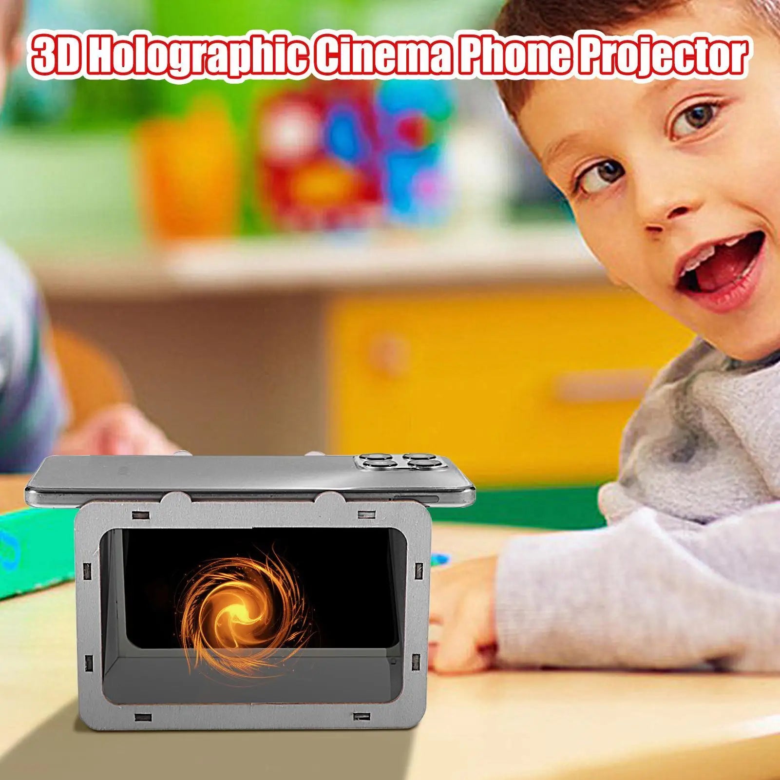 DIY 3D hologram projector showing circular orange hologram swirl in window