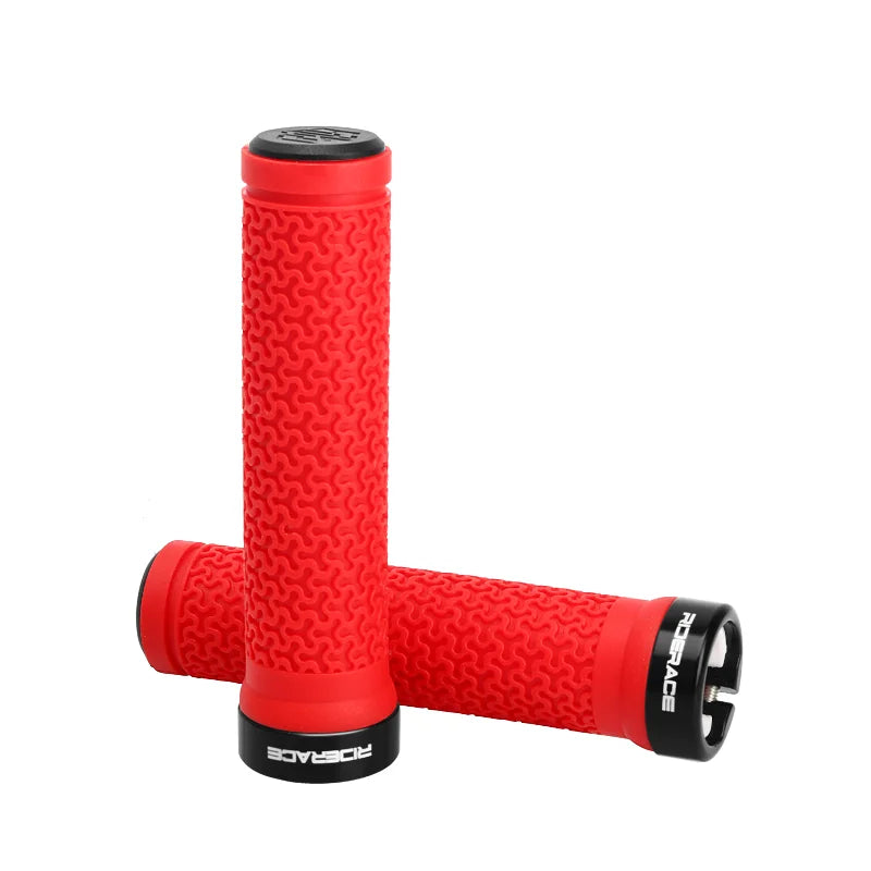 Red textured bike handlebar grips with locking end caps and single-side plug