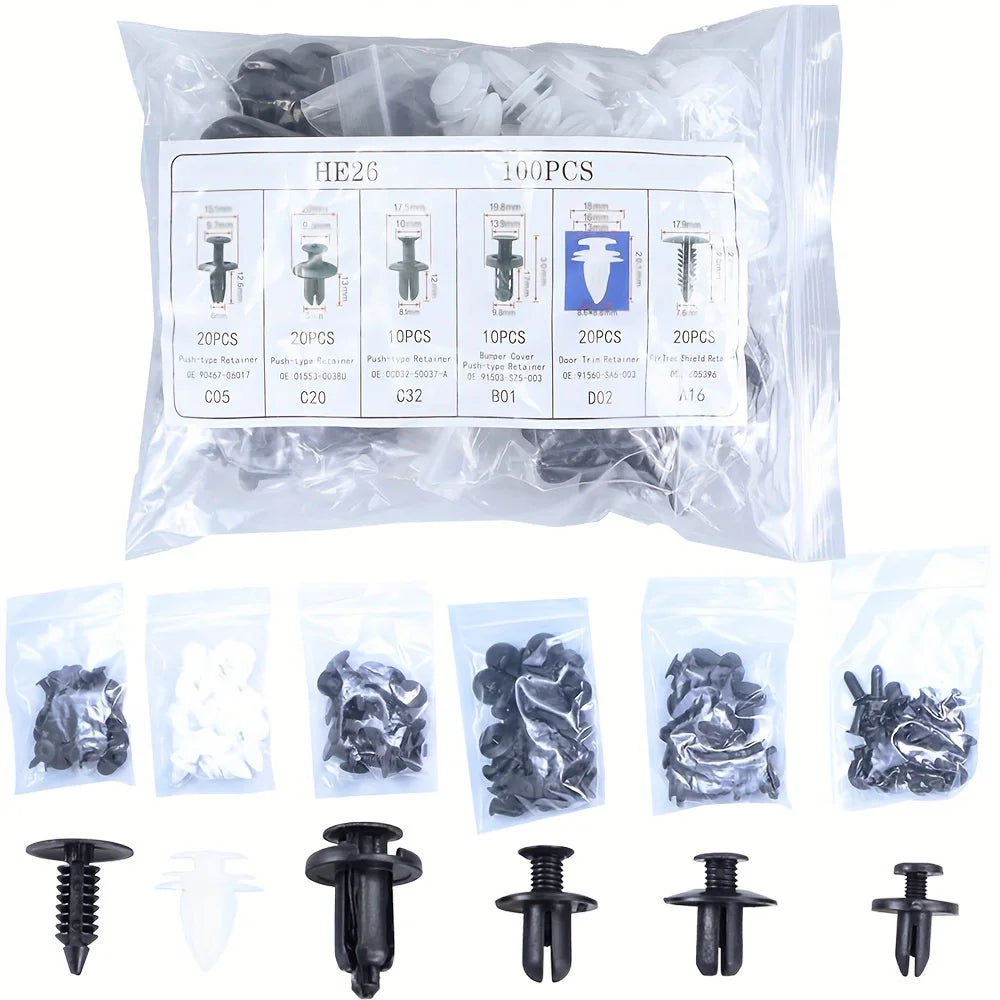Auto push retainer clip kit, HE26 100PCS bag with mixed black and white fasteners