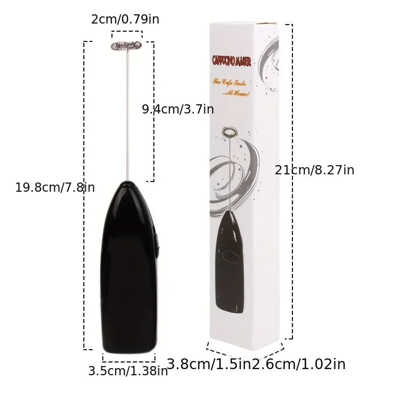 Compact black handheld milk frother with metal whisk, size shown