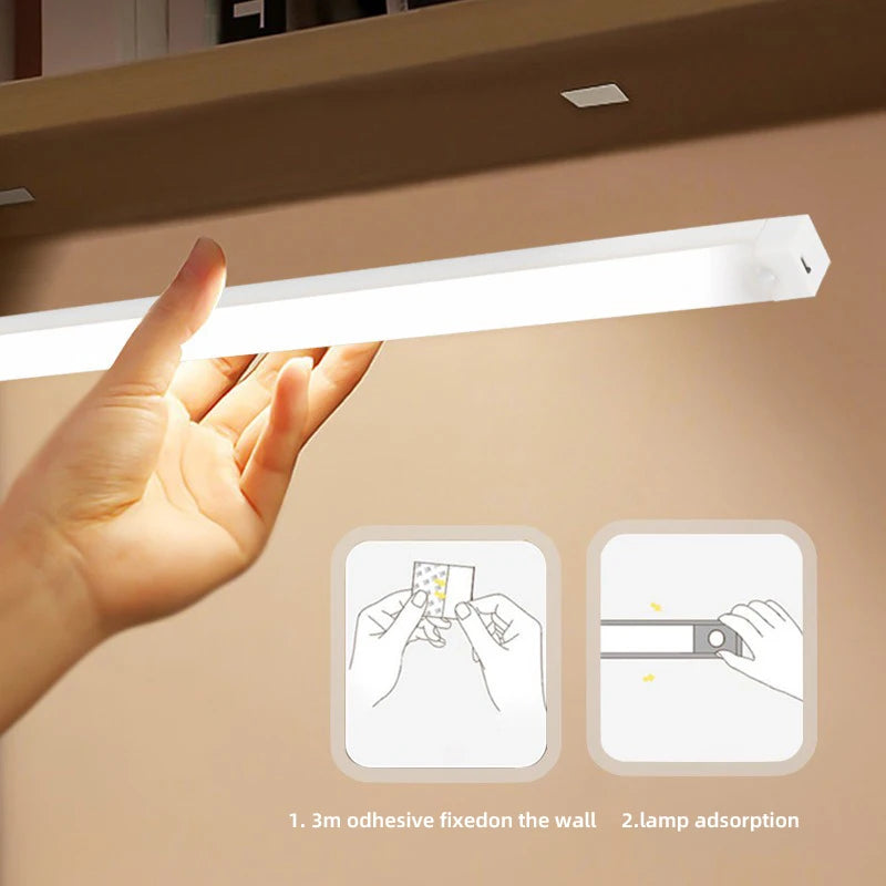 Motion sensor LED strip night light with hands-free adhesive mounting icons on the light bar