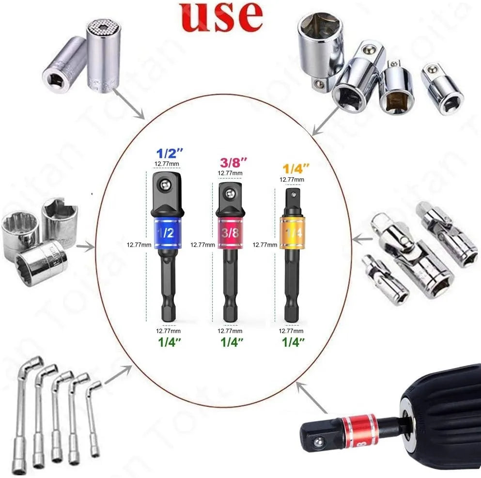 105° angle socket adapters with drive sizes 1/2, 3/8, and 1/4 and hex handles