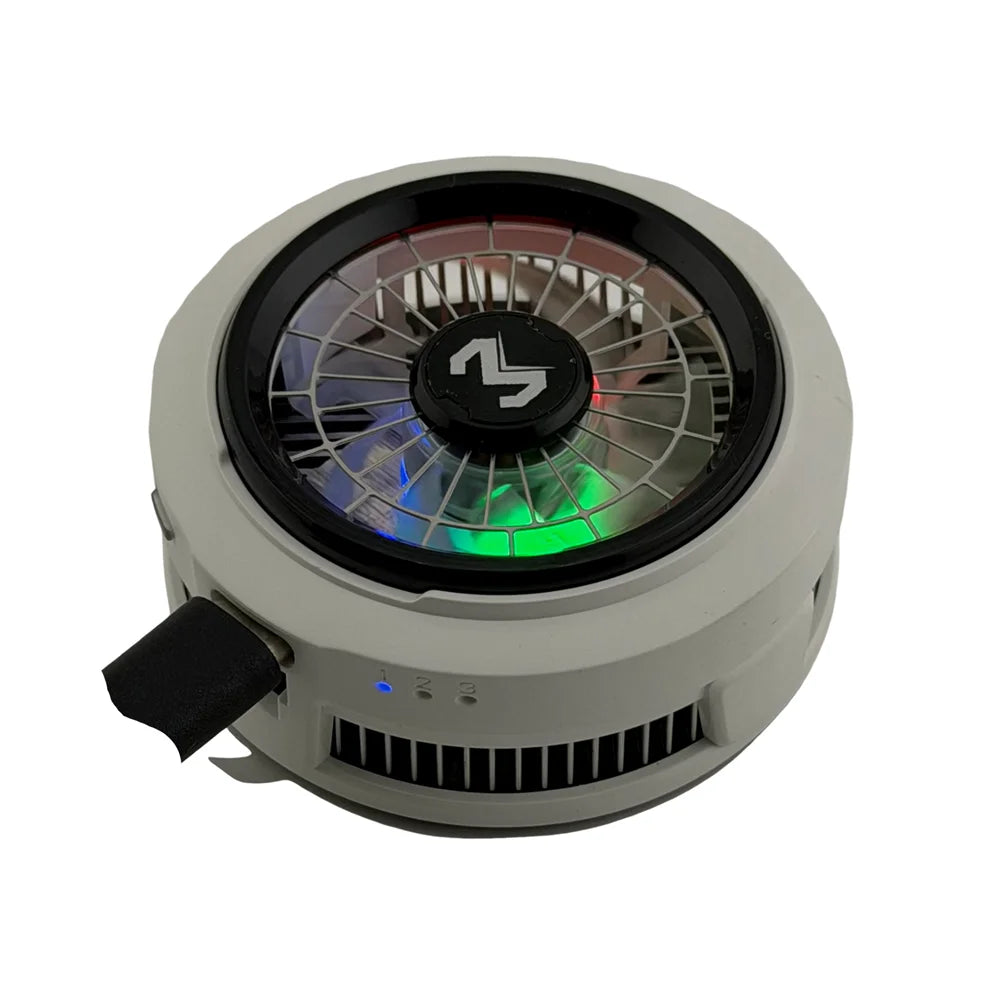 Phone cooler clip with RGB fan and circular grille, light gray housing