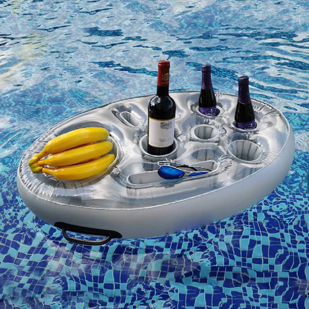 Gray inflatable pool float cooler tray with bottle holders and snack snacks