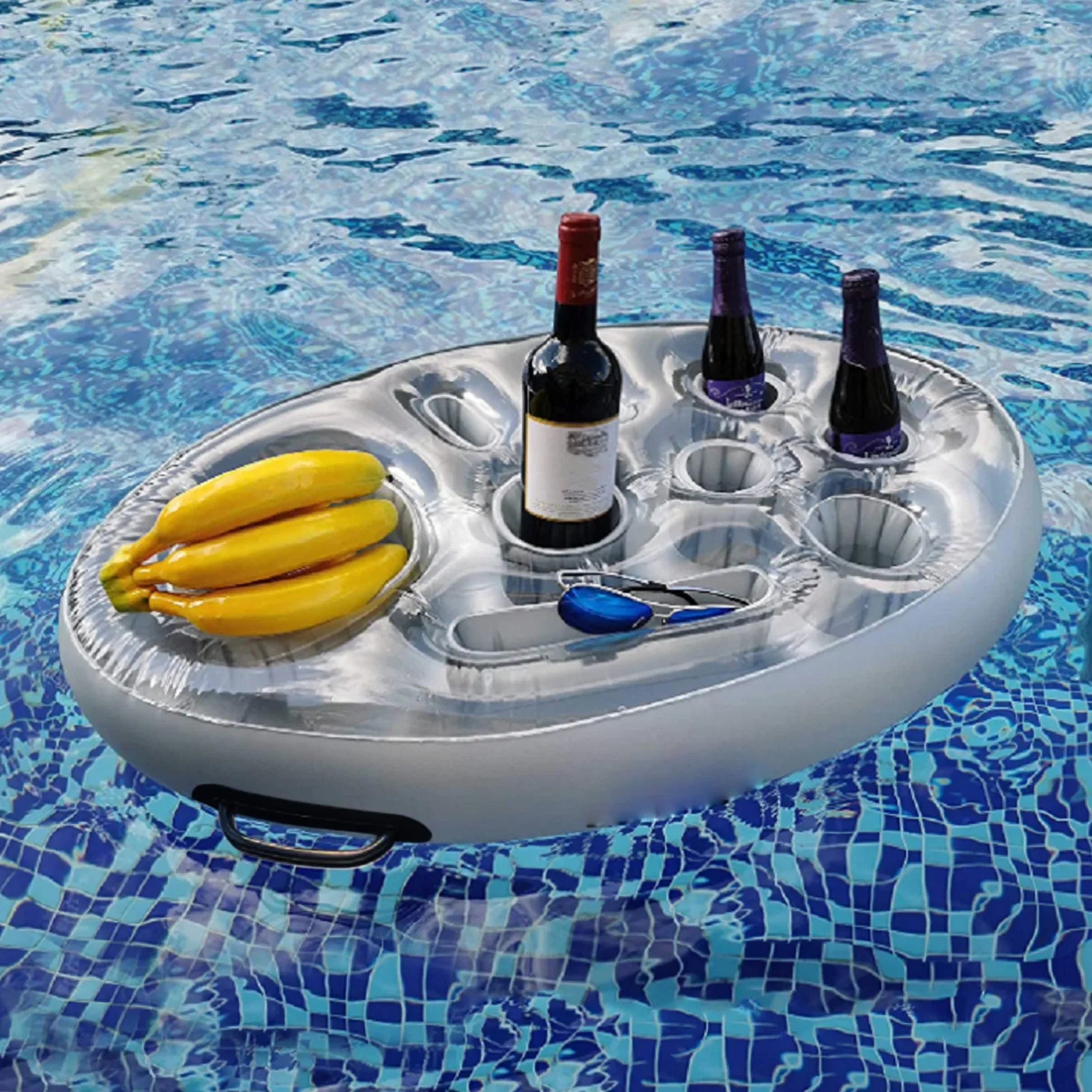 Gray inflatable pool float cooler tray with bottle holders and snack snacks