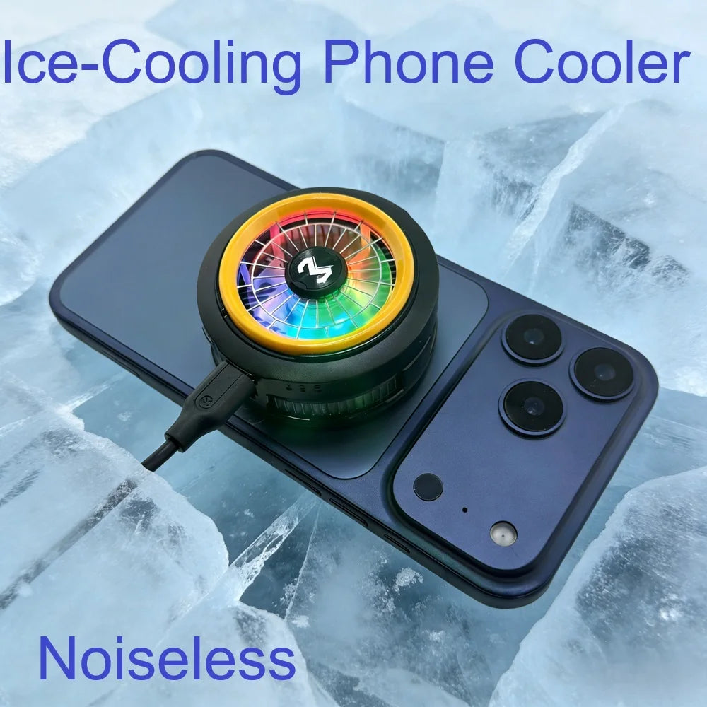Black phone semiconductor cooler with RGB fan ring on dark phone back