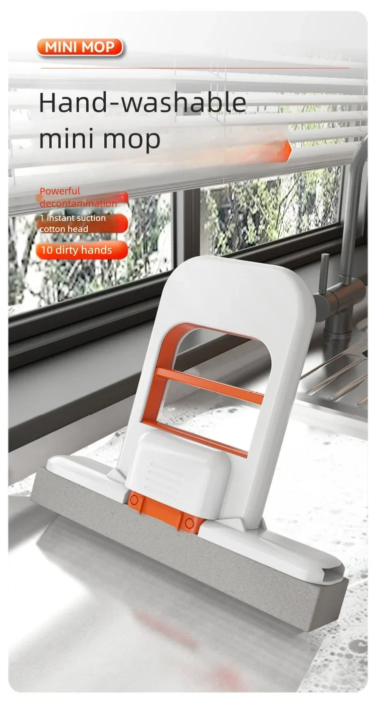 Mini foldable mop with white base and orange frame, compact for window and countertop cleaning