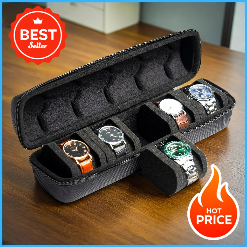Black hard-shell watch case with 5 foam slots, holding five wristwatches.