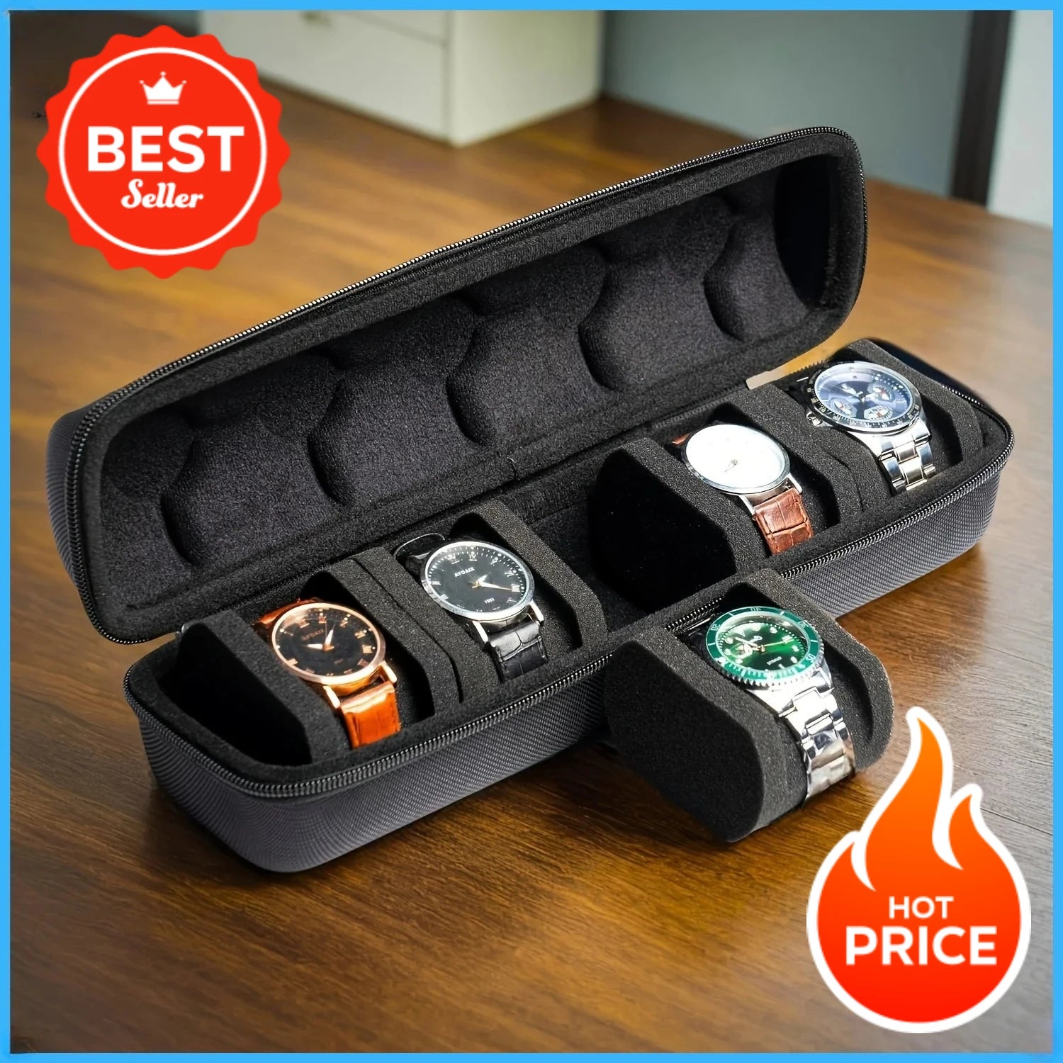 Black hard-shell watch case with 5 foam slots, holding five wristwatches.