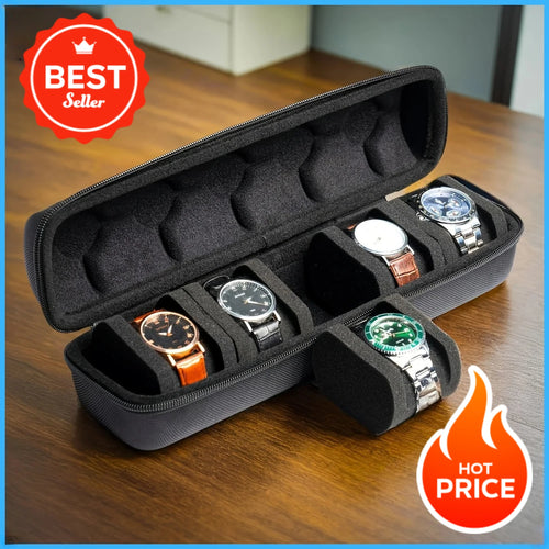 Black hard-shell watch case with 5 foam slots, holding five wristwatches.