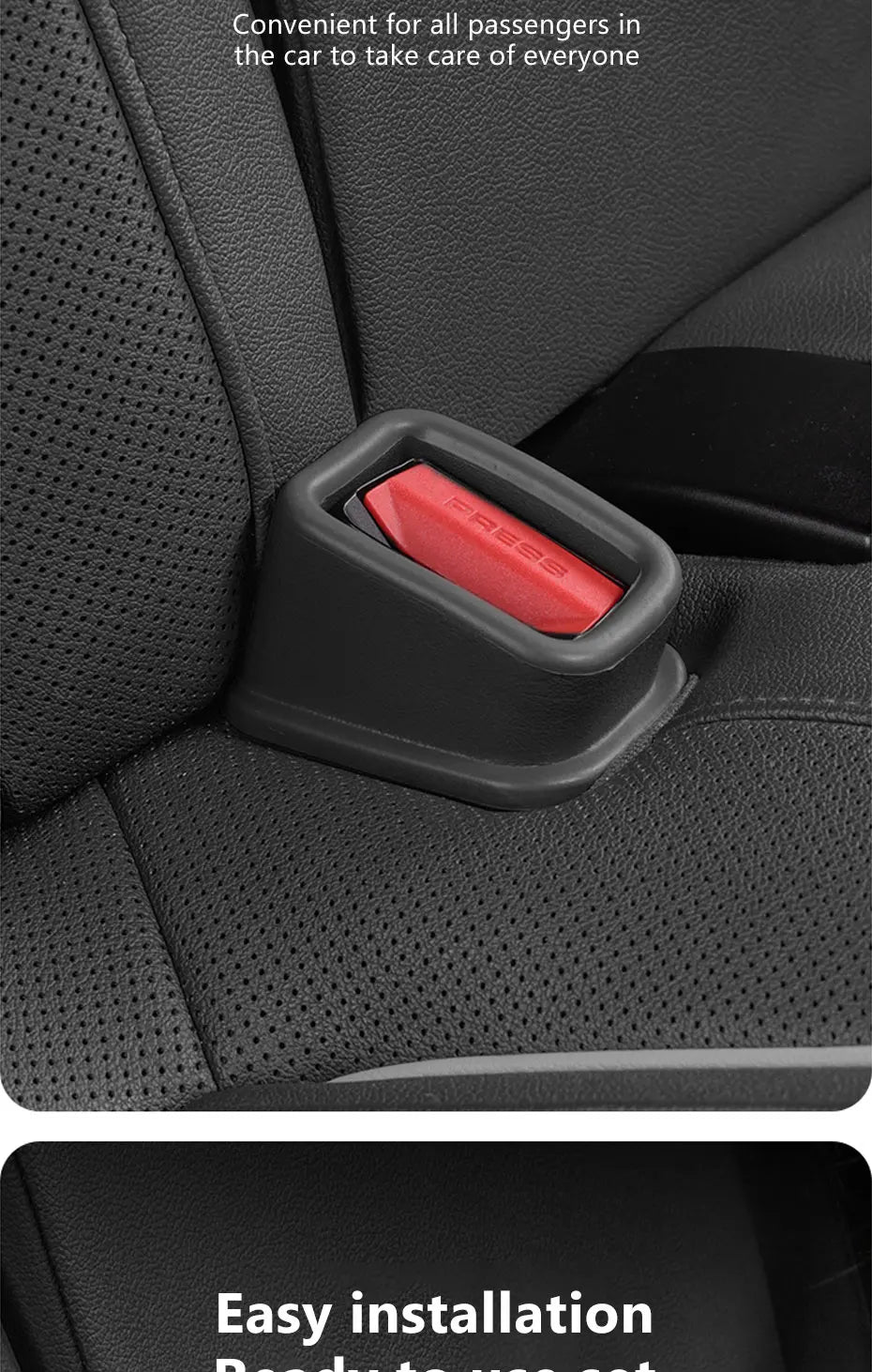 Single seat belt buckle cover on car seat cushion, dark gray frame with red insert