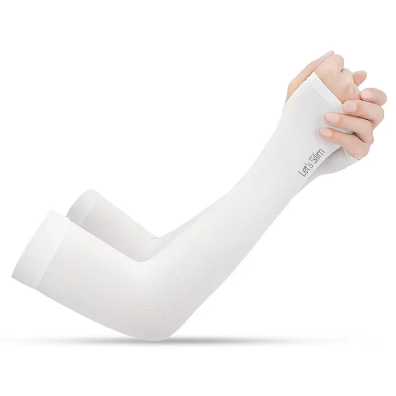 White UV arm sleeves with thumb opening and subtle stretch-text design