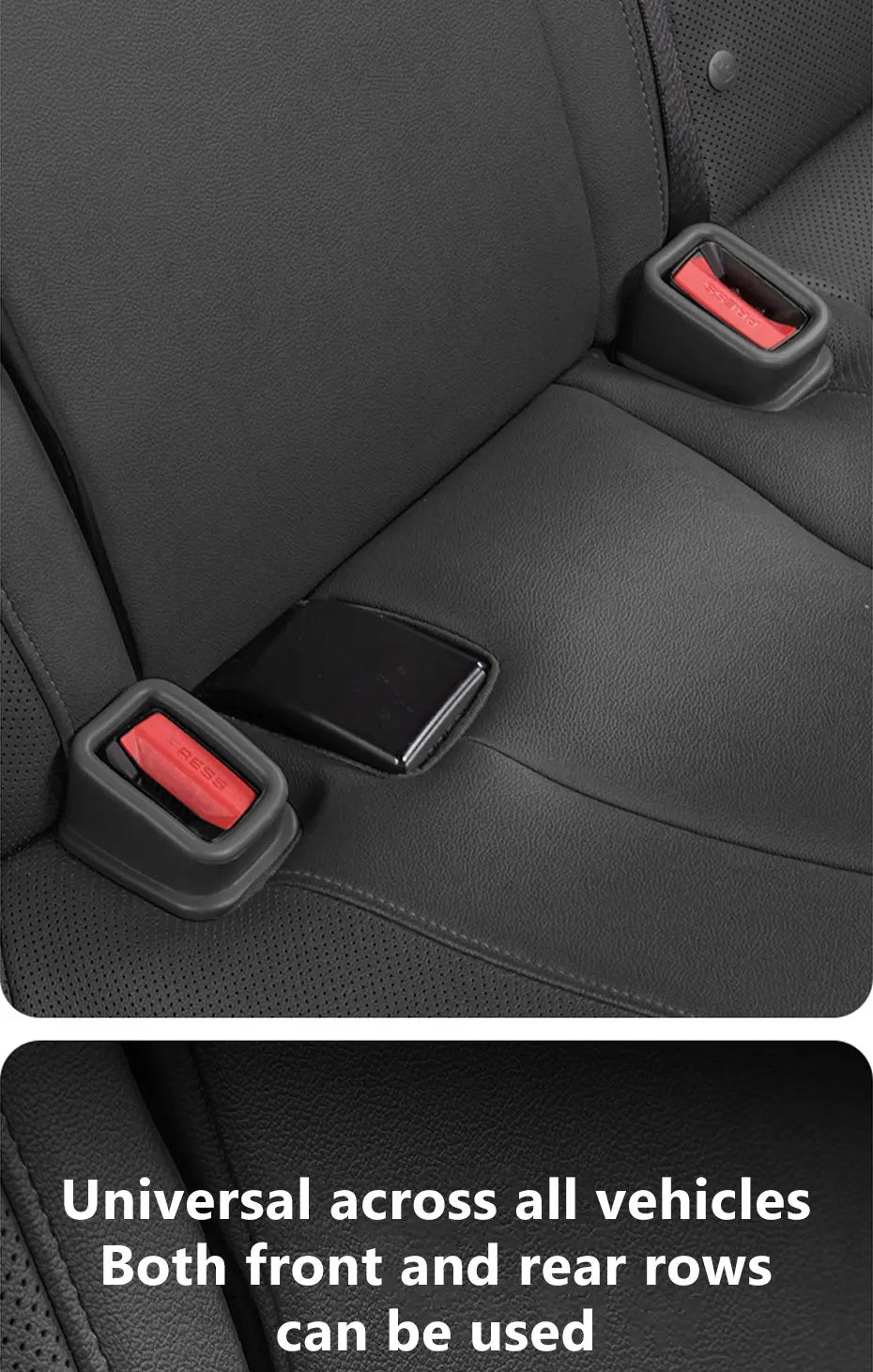Pair of seat belt buckle covers on car bench, dark gray with red release inserts