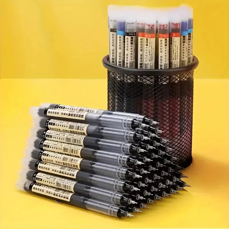 Set of 10 needle-tip gel pens with silver tips in a black mesh holder.