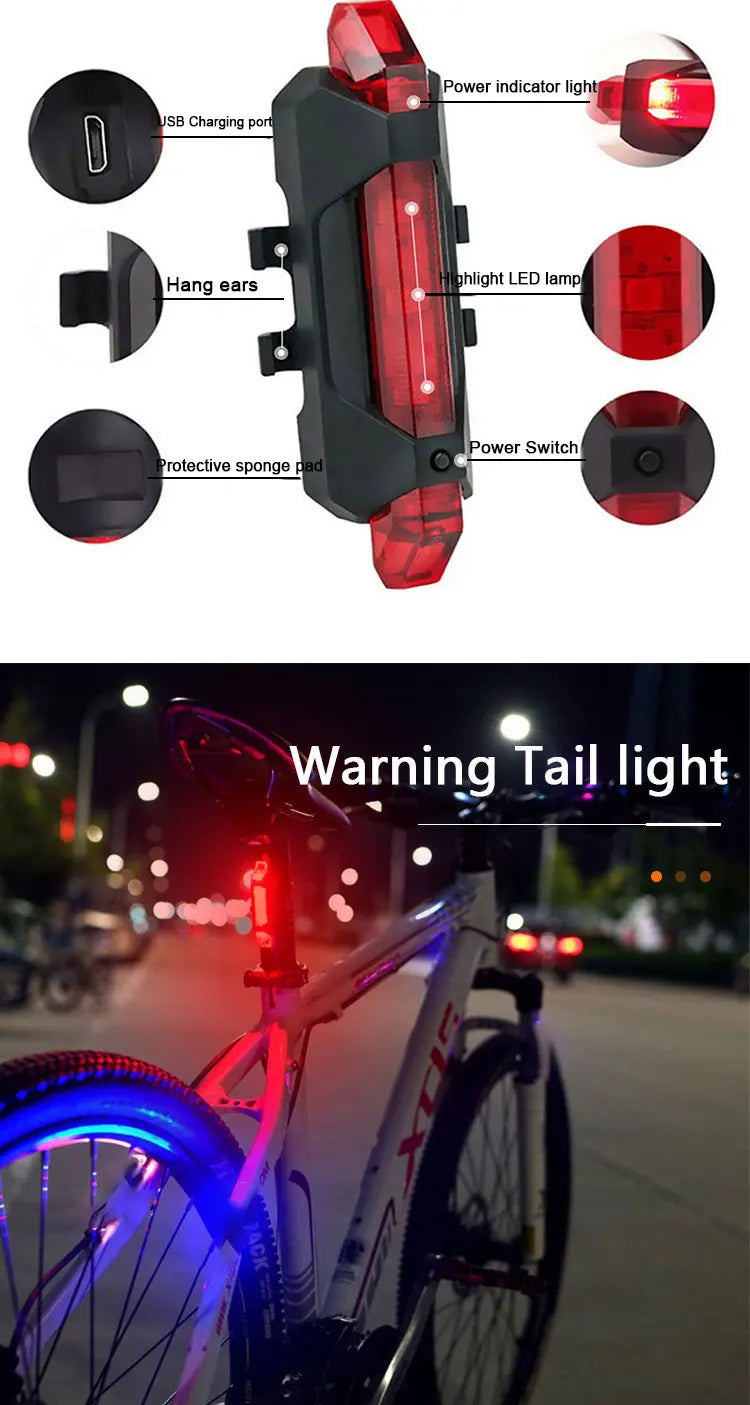 USB rechargeable rear bike light with red LEDs in black mount, showing controls