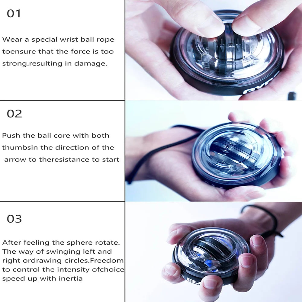 Hands operating a gyro ball with wrist strap, instructional step view