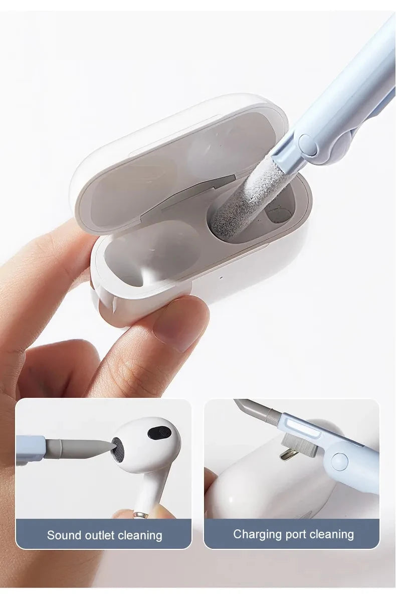 Earbud cleaning tool with brush head for sound outlet and charging port