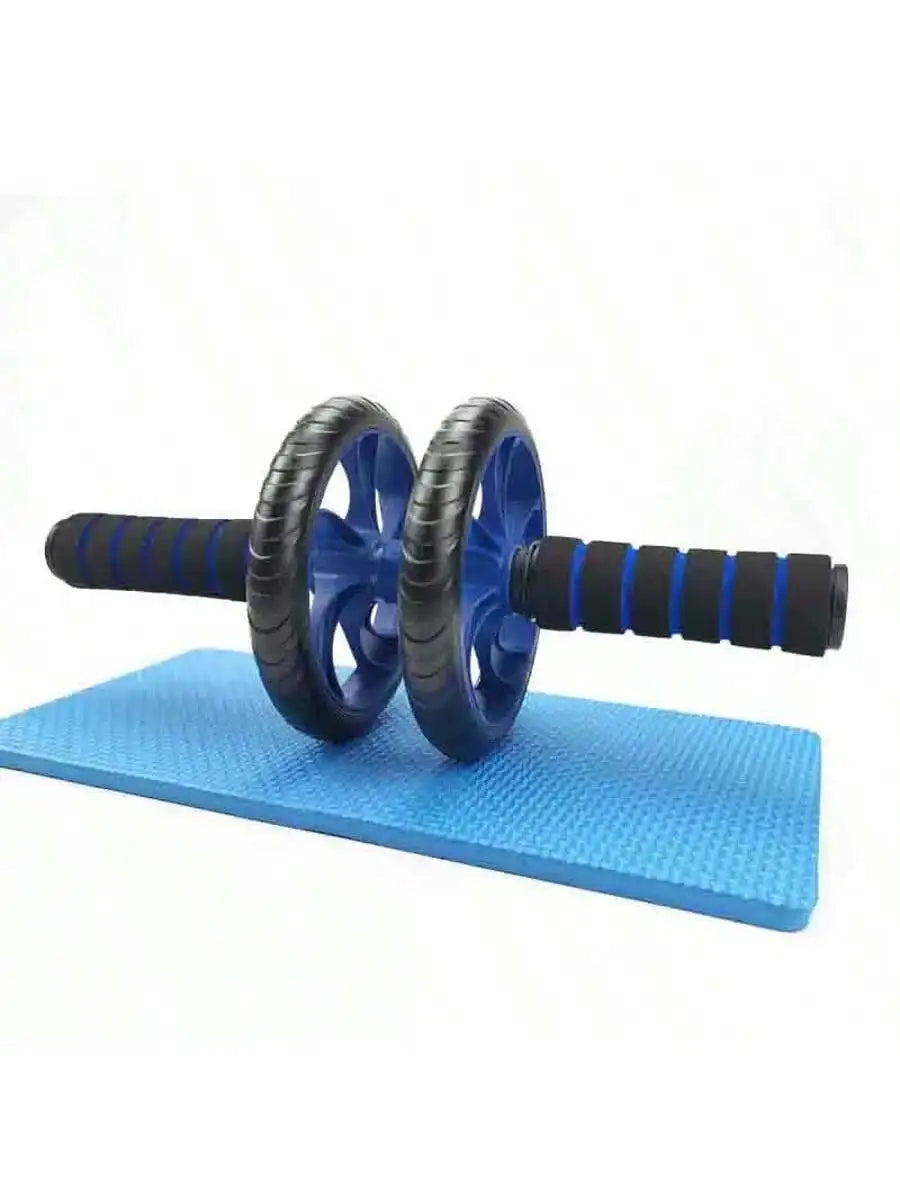 Blue dual-wheel abdominal roller with black wheels, ribbed foam handles, on mat