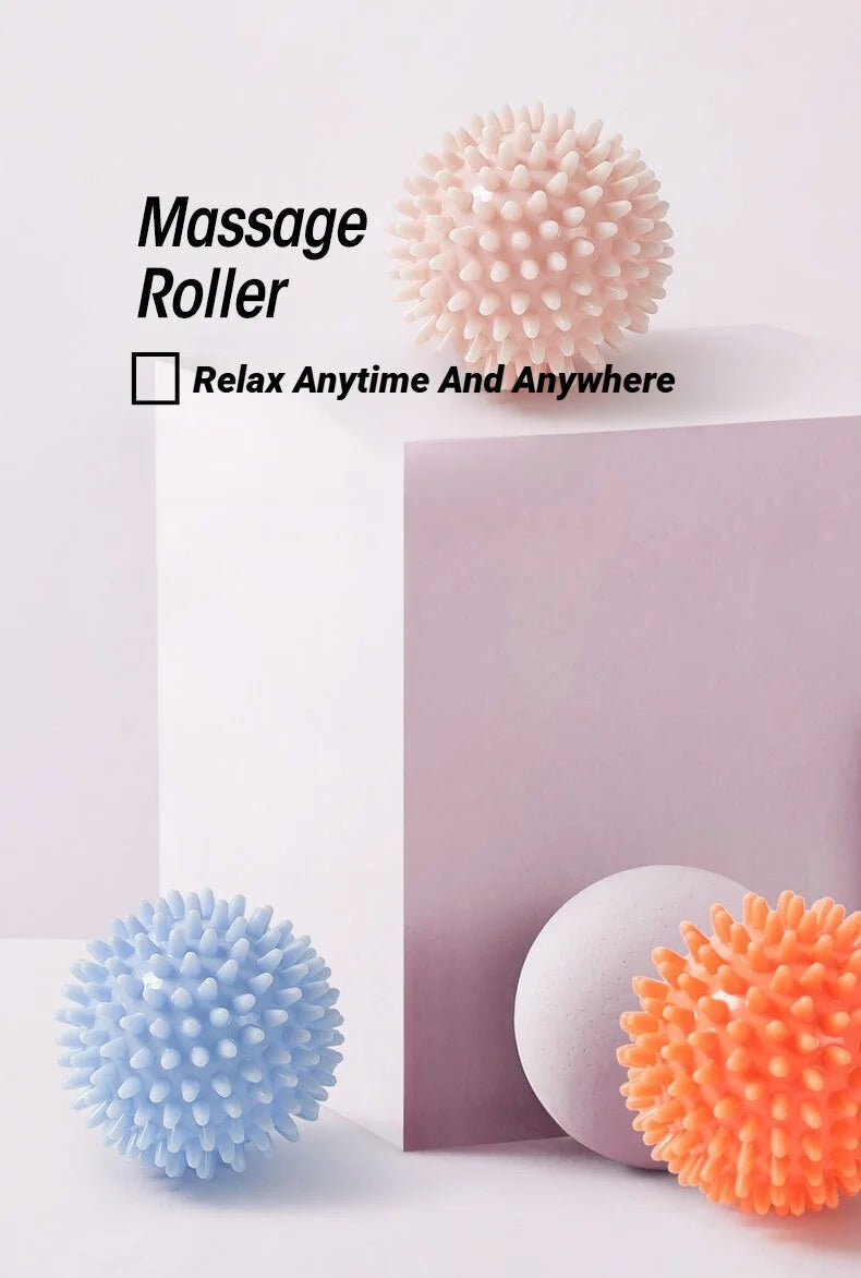 Pink, blue, and orange spiky massage balls shown as compact handheld rollers