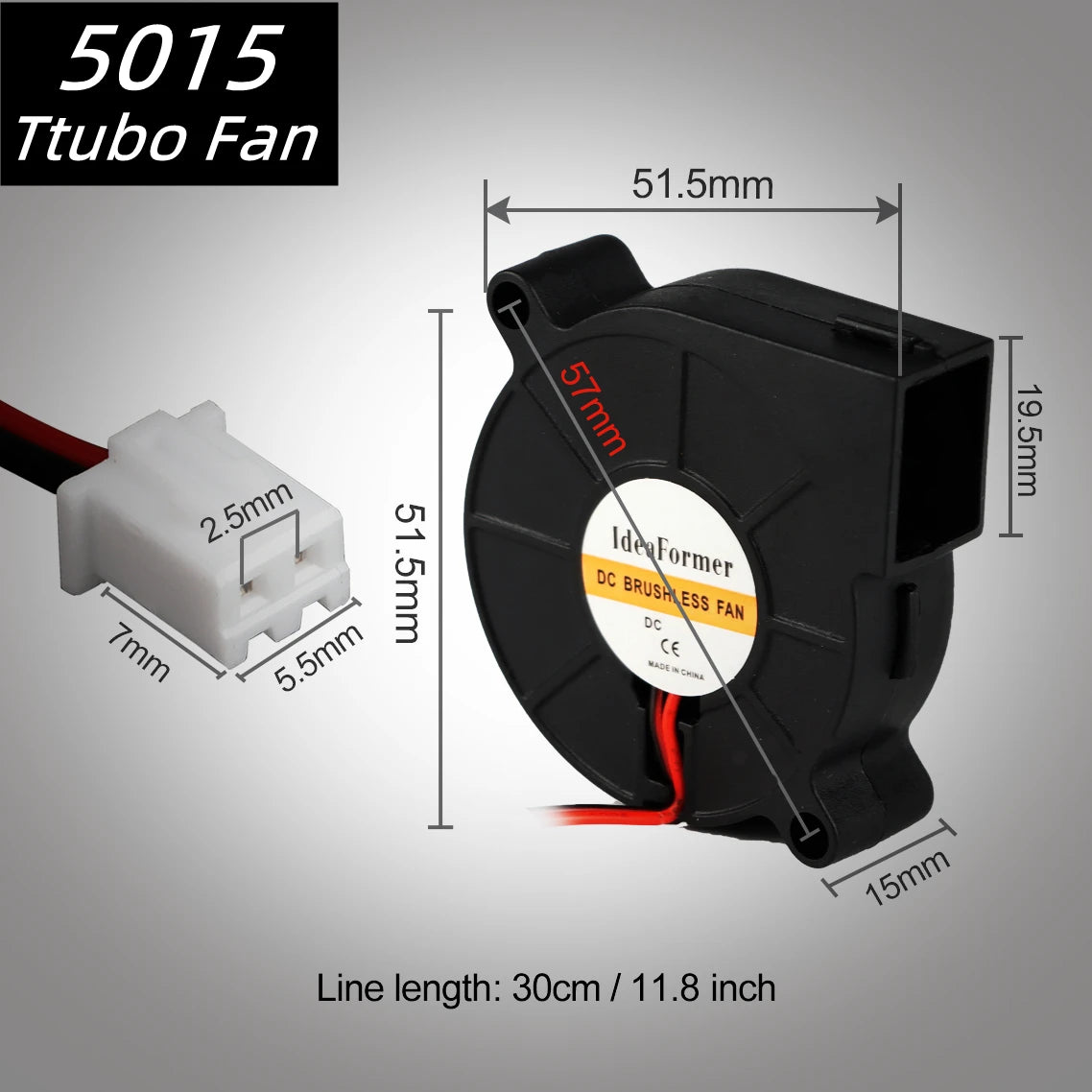 Brushless DC turbo fan, black 50x50x15mm with 2-pin connector for 3D printer