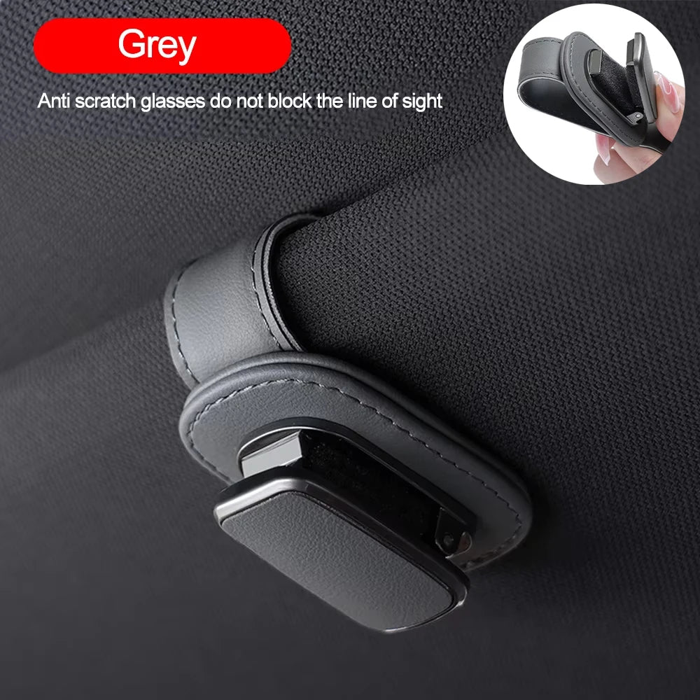 Gray car sunglasses clip holder case with metal latch and protective cover