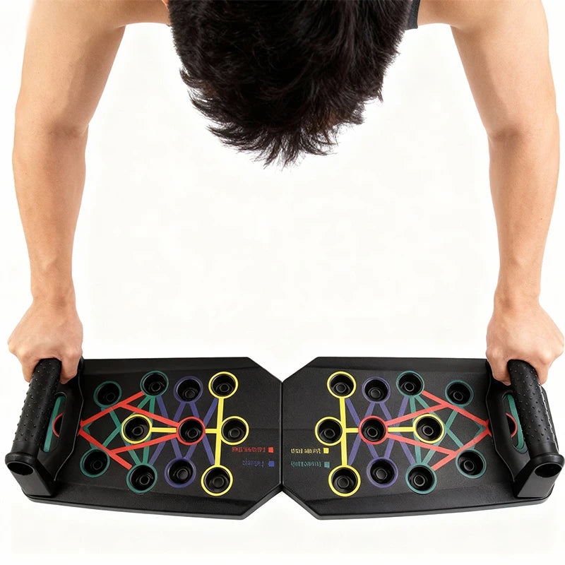Foldable push-up board set with side handles and multi-grip pattern on black platform