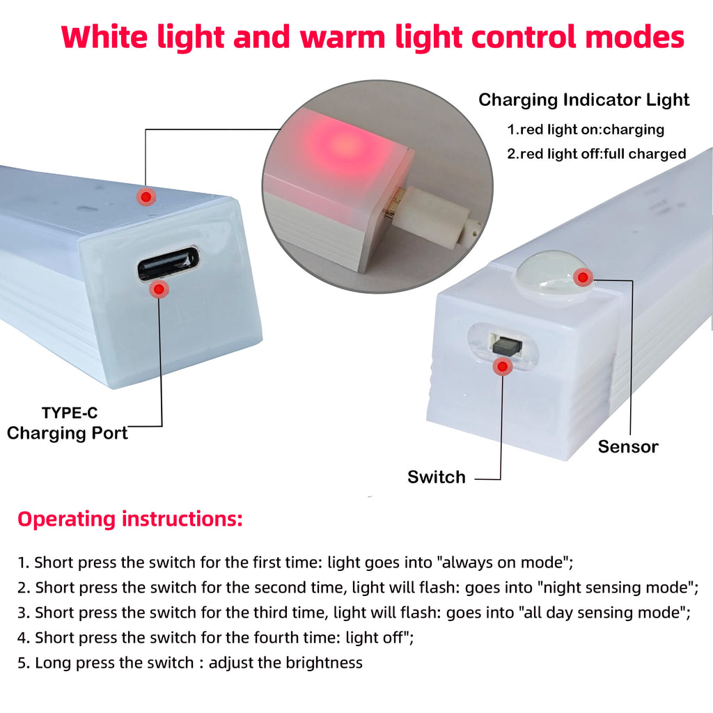 Motion sensor LED strip night light with Type-C charging port, switch, and sensor indicators