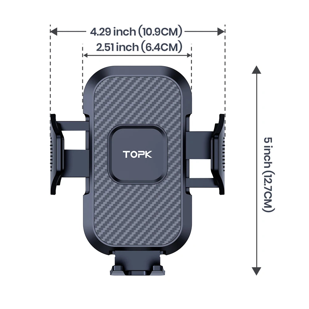 Black car phone holder mount with TOPK carbon-fiber panel and adjustable air vent clips