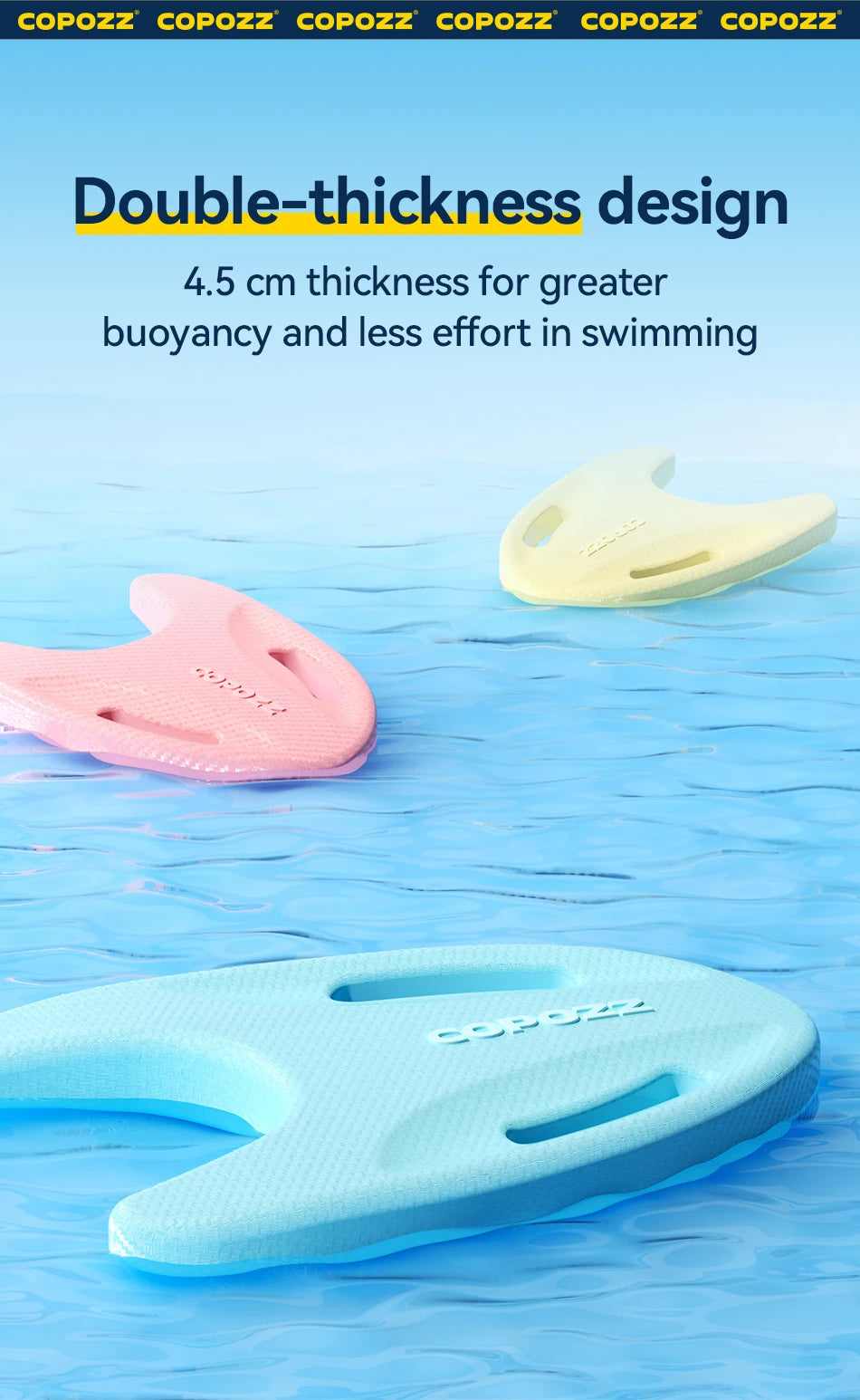 EVA swimming floating boards in pastel blue and pink, showing double-thickness design