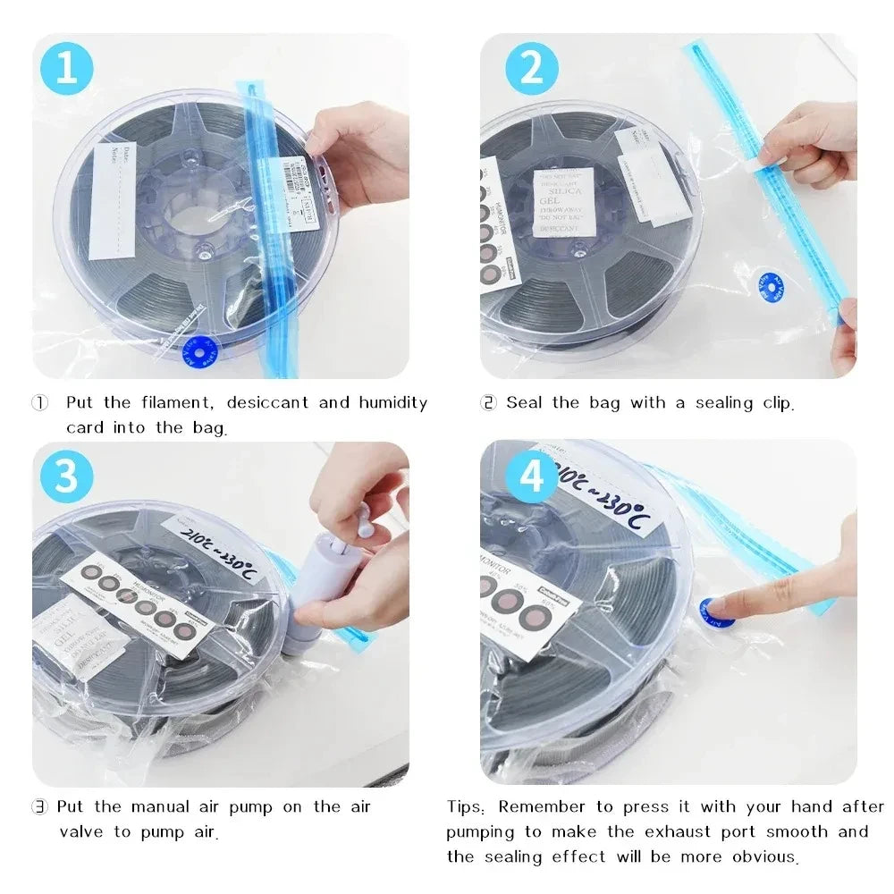 Vacuum filament storage bag showing sealing steps with pump and clip