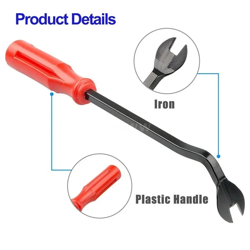 Auto clip removal tool with red plastic handle and iron pry tip