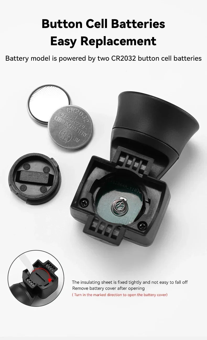 Bicycle horn bell battery compartment with button cell and open housing