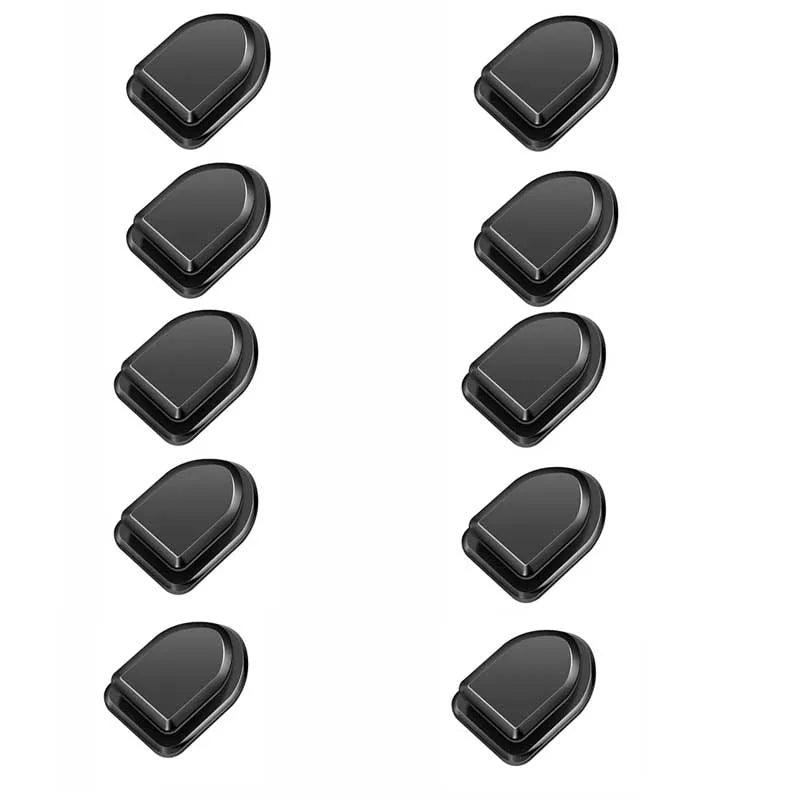 Pack of eight black mini adhesive hook holders on white background