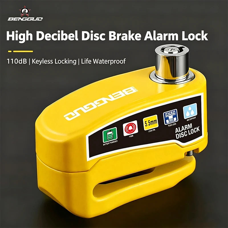 Yellow disc brake alarm lock with chrome lock head and labeled control panel