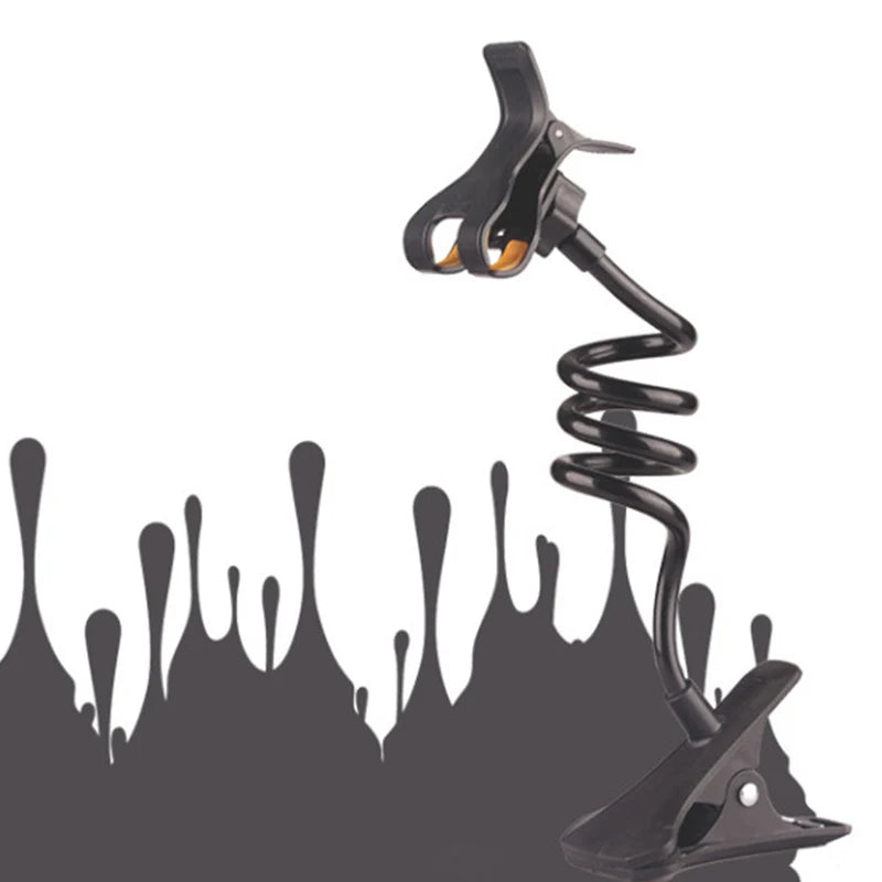Black flexible phone holder clamp with coiled spring arm and base