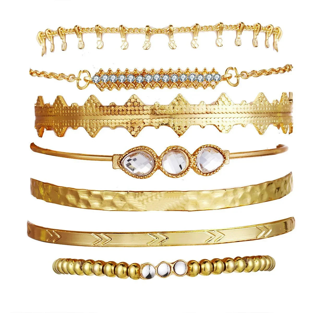 Gold-tone geometric charm bracelet set with chunky chain and open bangles