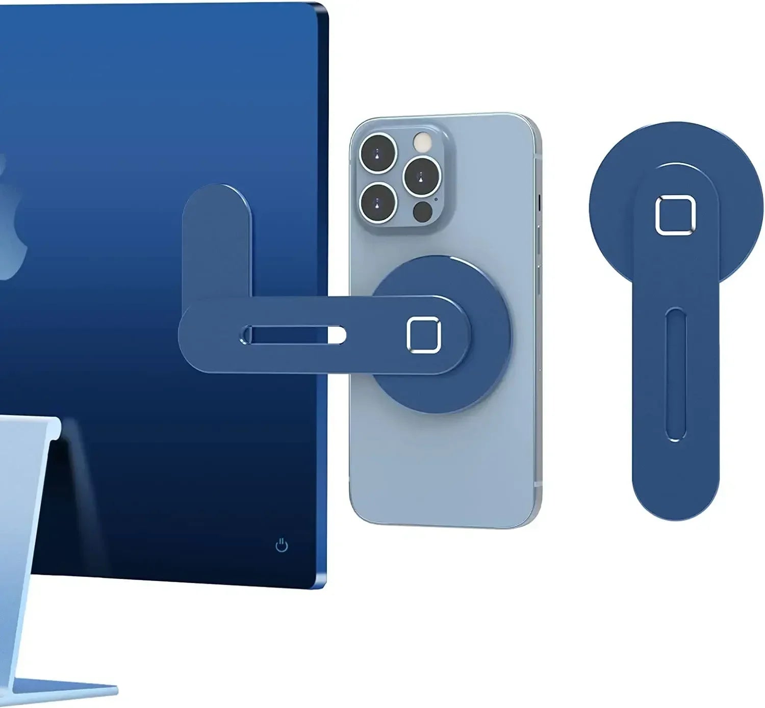 Magnetic phone holder mount with foldable arm and circular base, dark blue